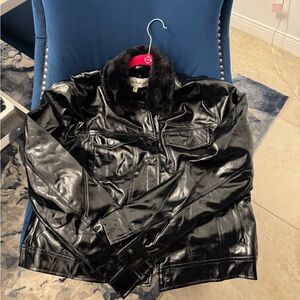 Baobab Collection Black Faux Leather Jacket with Fur Collar